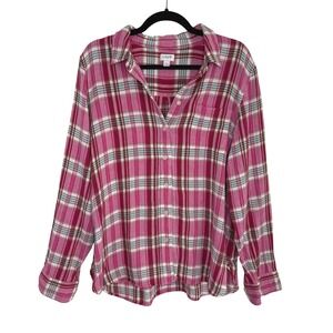 J.Crew Plaid Button Down Shirt Pink‎ Green Long Sleeve Sz L Cotton Flannel Cozy
